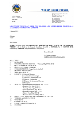 Minutes of the Weddin Shire Council Ordinary Meeting Held Thursday, 16 August 2012 Commencing at 5.00Pm
