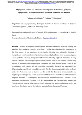 Phylogenetic Position and Taxonomic Rearrangement of Davidina (Lepidoptera, Nymphalidae), an Enigmatic Butterfly Genus New for Europe and America