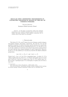 Regular Open Arithmetic Progressions in Connected Topological Spaces on the Set of Positive Integers