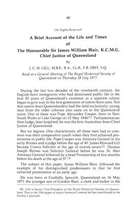 A Brief Account of the Life and Times of the Honourable Sir James William Blair, K.C.M.G