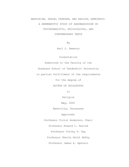 Masochism, Sexual Freedom, and Radical Democracy: a Hermeneutic Study of Sadomasochism in Psychoanalytic, Sociological, and Contemporary Texts