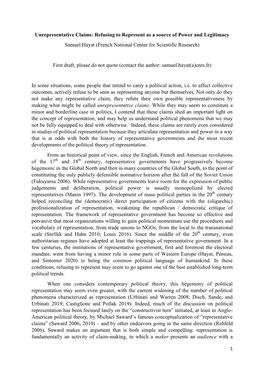 Unrepresentative Claims: Refusing to Represent As a Source of Power and Legitimacy Samuel Hayat (French National Center for Scientific Research)