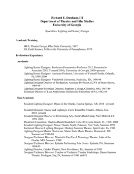 Richard E. Dunham, III Department of Theatre and Film Studies University of Georgia