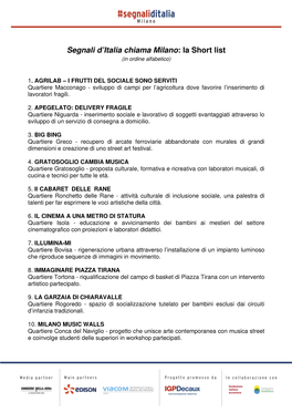 Segnali D'italia Chiama Milano: La Short List