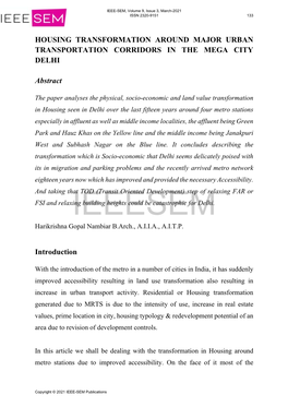 Housing Transformation Around Major Urban Transportation Corridors in the Mega City Delhi