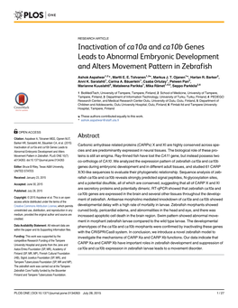 Inactivation of Ca10a and Ca10b Genes Leads to Abnormal Embryonic Development and Alters Movement Pattern in Zebrafish