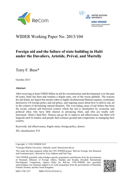 Foreign Aid and the Failure of State Building in Haiti Under the Duvaliers, Aristide, Préval, and Martelly