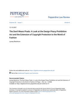 The Devil Wears Prado: a Look at the Design Piracy Prohibition Act and the Extension of Copyright Protection to the World of Fashion