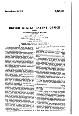 UNITED STATES PATENT OFFICE 2,479,564 PHOSPHATE COATING 0F METALLIC ARTICLES Lloyd 0