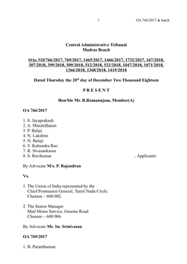 Central Administrative Tribunal Madras Bench Oas 310/766/2017, 769/2017, 1465/2017, 1466/2017, 1732/2017, 167/2018, 307/2018, 39