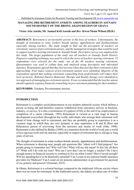 MANAGING PRE-RETIREMENT ANXIETY AMONG TEACHERS in ASUNAFO SOUTH DISTRICT of the BRONG AHAFO REGION of GHANA Victor Atta Asiedu, Mr