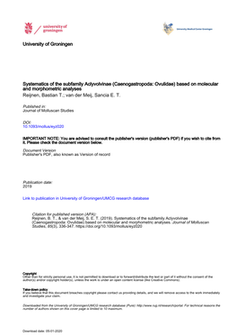 Caenogastropoda: Ovulidae) Based on Molecular and Morphometric Analyses Reijnen, Bastian T.; Van Der Meij, Sancia E