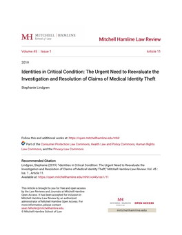 Identities in Critical Condition: the Urgent Need to Reevaluate the Investigation and Resolution of Claims of Medical Identity Theft