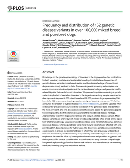 Frequency and Distribution of 152 Genetic Disease Variants in Over 100,000 Mixed Breed and Purebred Dogs