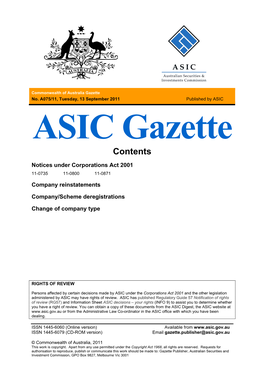 Commonwealth of Australia ASIC Gazette A075/11 Dated 13