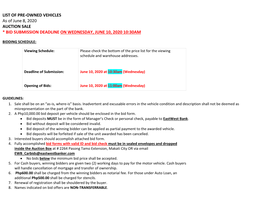 LIST of PRE-OWNED VEHICLES As of June 8, 2020 AUCTION SALE * BID SUBMISSION DEADLINE on WEDNESDAY, JUNE 10, 2020 10:30AM