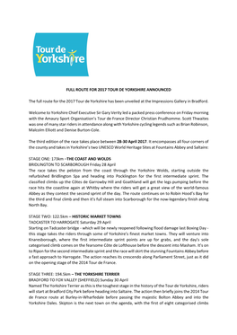 Press Releases Full Route for 2017 Tour De Yorkshire Announced The