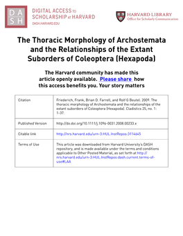 The Thoracic Morphology of Archostemata and the Relationships of the Extant Suborders of Coleoptera (Hexapoda)