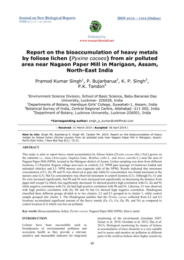 Report on the Bioaccumulation of Heavy Metals by Foliose Lichen (Pyxine Cocoes) from Air Polluted Area Near Nagaon Paper Mill in Marigaon, Assam, North-East India