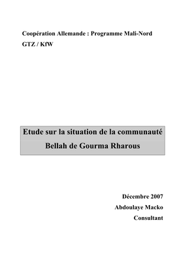 Etude Sur La Situation De La Communauté Bellah De Gourma Rharous