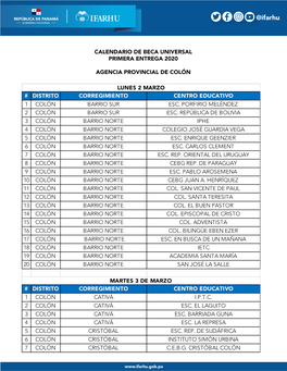 Calendario De Beca Universal Primera Entrega 2020 Agencia Provincial De Colón # Distrito Corregimiento Centro Educativo 1 Coló