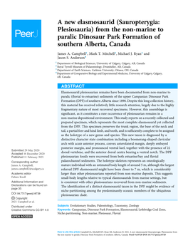 Sauropterygia: Plesiosauria) from the Non-Marine to Paralic Dinosaur Park Formation of Southern Alberta, Canada