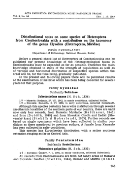 Distributional Notes on Some Species of Heteroptera from Czechoslovakia with a Contribution on the Taxonomy of the Genus Hyoidea