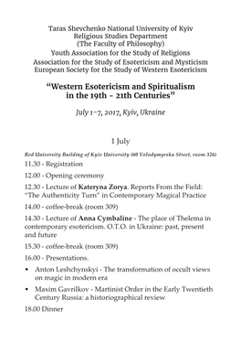 “Western Esotericism and Spiritualism in the 19Th - 21Th Centuries”