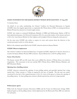 CCEDU STATEMENT on the KASESE DISTRICT WOMAN MP BY-ELECTION – 8Th Aug, 2012