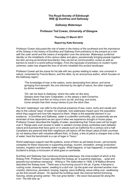 The Royal Society of Edinburgh RSE @ Dumfries and Galloway Galloway Waterways Professor Ted Cowan, University of Glasgow