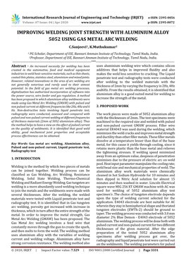 IMPROVING WELDING JOINT STRENGTH with ALUMINIUM ALLOY 5052 USING GAS METAL ARC WELDING C.Sanjeevi1, K.Muthukumar2