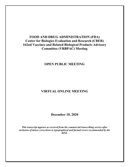 Vaccines and Related Biological Products Advisory Committee (VRBPAC) Meeting