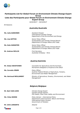 Participants List for Global Forum on Environment Climate Change Expert Group Liste Des Participants Pour Global Forum on Environment Climate Change Expert Group