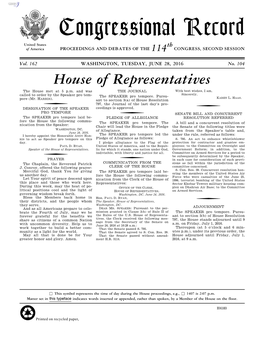 Congressional Record United States Th of America PROCEEDINGS and DEBATES of the 114 CONGRESS, SECOND SESSION