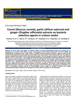 Carrot (Daucus Carrota), Garlic (Allium Sativum) and Ginger (Zingiber Officinale) Extracts As Bacteria Selective Agents in Culture Media