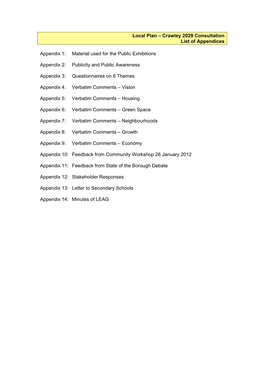 Crawley 2029 Consultation List of Appendices Appendix 1