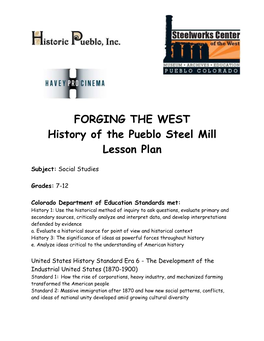 FORGING the WEST History of the Pueblo Steel Mill Lesson Plan