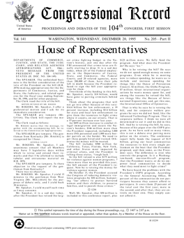 Congressional Record United States Th of America PROCEEDINGS and DEBATES of the 104 CONGRESS, FIRST SESSION