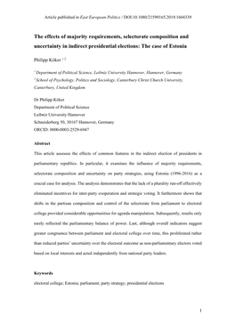 The Effects of Majority Requirements, Selectorate Composition and Uncertainty in Indirect Presidential Elections: the Case of Estonia