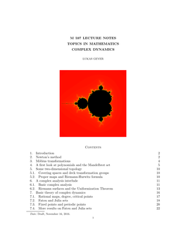 M 597 Lecture Notes Topics in Mathematics Complex Dynamics