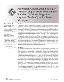 Translocating an Entire Population of Blanchard's Cricket Frog (Acris Crepitans Blanchardi) in Southeast Michigan