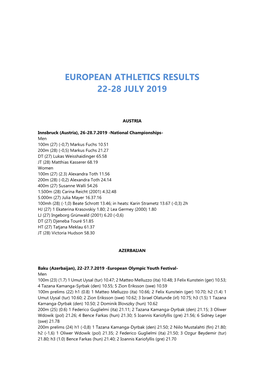 European Athletics Results 22-28 July 2019