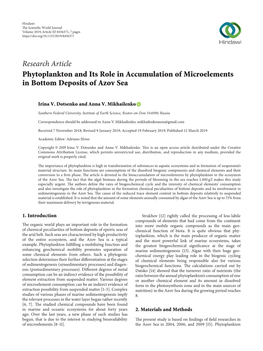 Research Article Phytoplankton and Its Role in Accumulation of Microelements in Bottom Deposits of Azov Sea