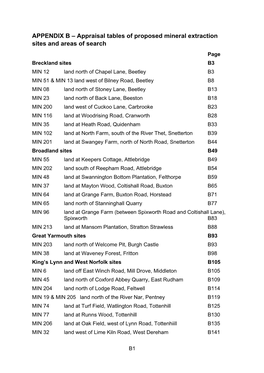 APPENDIX B – Appraisal Tables of Proposed Mineral Extraction Sites and Areas of Search