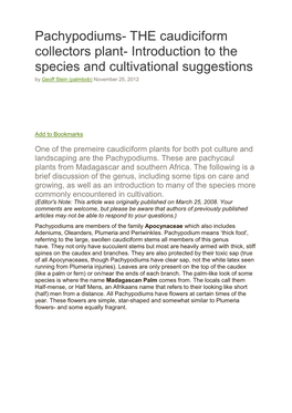 Pachypodiums- the Caudiciform Collectors Plant- Introduction to the Species and Cultivational Suggestions by Geoff Stein (Palmbob) November 25, 2012