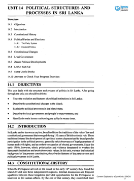 Unit 14 Political Structures and Processes in Sri Lanka I