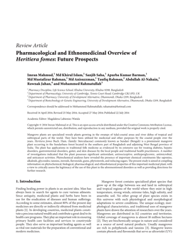 Review Article Pharmacological and Ethnomedicinal Overview of Heritiera Fomes: Future Prospects