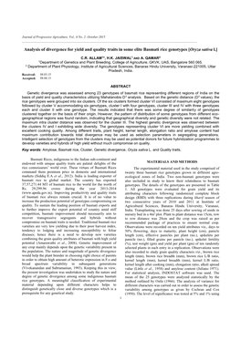 Analysis of Divergence for Yield and Quality Traits in Some Elite Basmati Rice Genotypes [Oryza Sativa L.]