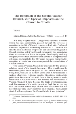 The Reception of the Second Vatican Council, with Special Emphasis on the Church in Croatia