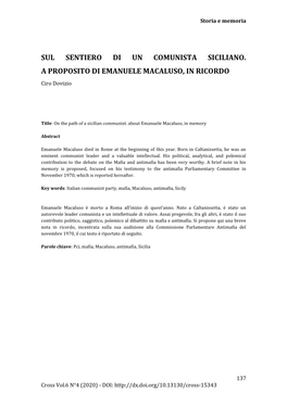 SUL SENTIERO DI UN COMUNISTA SICILIANO. a PROPOSITO DI EMANUELE MACALUSO, in RICORDO Ciro Dovizio